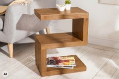Handgearbeiteter Beistelltisch S 60cm braun honey finish Mangoholz mit Ablage variabel stellbar
