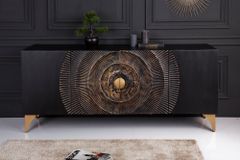 Handgearbeitetes Sideboard GOLDEN SUNSET 180cm schwarz mit 3D Schnitzereien gold Mangoholz Metallbeine