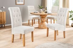 Design Stuhl CASA beige Bouclé Tweed Soft Massivholzbeine Zierknöpfe und Nackenrolle