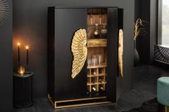 Extravaganter Barschrank ANGEL 140cm schwarz Mangoholz mit goldenen Flügeln