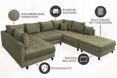 Moderne XXL Wohnlandschaft KENT 305cm grün Cord Bigsofa inkl. Hocker Federkern