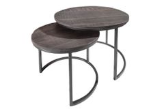 Industrial 2er Set Beistelltische ELEMENTS 60cm grau Mangoholz massiv rund schwarz Metall