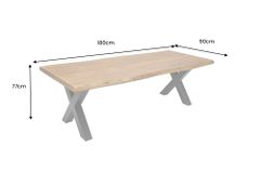 Vollmassiver Esstisch MAMMUT 180cm Akazie X-Gestell schwarz Baumkante 6cm Tischplatte