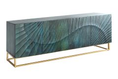 Massives Sideboard SCORPION 180cm türkis Mangoholz gold Metall 3D Schnitzereien