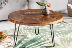 Runder Massivholz Couchtisch MOSAIK 70cm natur Teak Hairpin Legs schwarz Metall handmade