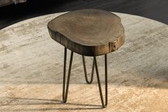 Runder Beistelltisch GOA 45cm grau Akazie Massivholz Baumscheibe Hairpin Legs Metall