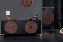 Massives Sideboard MANDALA 160cm Mangoholz schwarz mit 3D Schnitzereien goldene Füße
