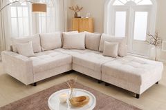 Modernes Ecksofa KENT 220cm champagner beige Chenille Cremona Federkern Wohnlandschaft mit Hocker