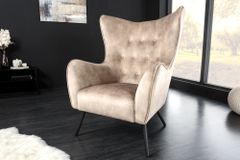 Design XL Sessel AMSTERDAM champagner Samt schwarze Metallbeine Retro Stil