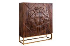 Massives Highboard LION 120cm braun Mangoholz gold Metall 3D Schnitzereien Kunstwerk