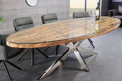 Massiver Esstisch BARRACUDA 220cm braun Teakholz silber Sterngestell Glasplatte