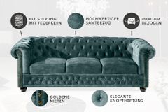 Chesterfield 3-Sitzer Sofa 205cm petrol Samt Federkern Goldnieten Knopfheftung
