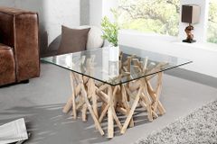 Design Teakholz Couchtisch DRIFTWOOD 80cm mit Glasplatte eckig