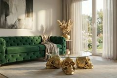Design Couchtisch SKULL XXL 90cm gold rund Glasplatte Metall Totenkopf handmade