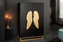 Extravaganter Barschrank ANGEL 140cm schwarz Mangoholz mit goldenen Flügeln