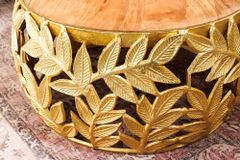 Rundes 2er Set Couchtische ABSTRACT LEAF 70cm natur gold Massivholz Akazie Metall Blatt-Design