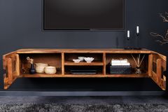 Hängendes TV-Lowboard AMAZONAS 160cm braun Sheesham Massivholz Baumkante Metall schwarz