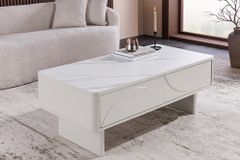 Design Couchtisch SAVOY 120cm kaschmir weiß Keramik Marmor mit Schubladen