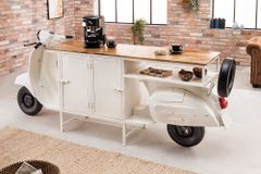 Extravaganter Barschrank SCOOTER 250cm weiß Retro-Konsole Motorroller mit Mangoholz Upcycling