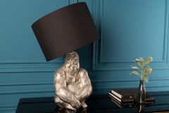 Handmade Tischlampe KONG 60cm silber Metall Affe Gorilla Dekoleuchte schwarzer Lampenschirm