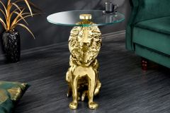 Runder Beistelltisch WILDLIFE LION 60cm gold antik Metall Glas Löwen Skulptur