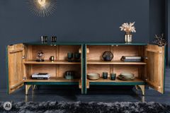 Massives Sideboard DRAGON 180cm türkis gold Mangoholz Metall 3D-Front handmade