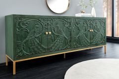 Massives Sideboard PEACOCK 175cm grün Mangoholz antik 3D Schnitzerei Pfau-Design