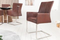 Freischwinger Stuhl SAMSON dark coffee mit Armlehne und Edelstahlrahmen