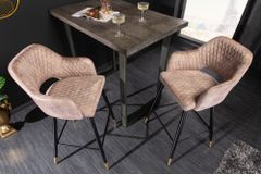 Design Barhocker PARIS greige Samt mit Lehne Metall schwarz gold Ziersteppung