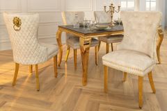 Barock Stuhl CASTLE DELUXE beige Samt gold Edelstahl mit Löwenkopf Ziernieten