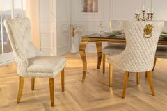 Barock Stuhl CASTLE DELUXE beige Samt gold Edelstahl mit Löwenkopf Ziernieten