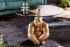 Runder Couchtisch WILDLIFE KONG 60cm gold Metall Glas Affenfigur Gorilla Skulptur handmade