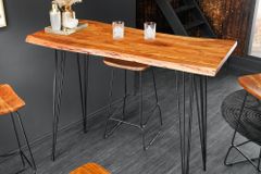 Massivholz Bartisch MAMMUT 140cm natur Akazie Baumkante Metall schwarz Hairpin Legs