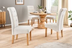 Design Stuhl CASA beige Bouclé Tweed Soft Massivholzbeine Zierknöpfe und Nackenrolle