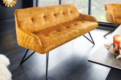 Design Sitzbank EUPHORIA 160cm senfgelb Samt Retrostil Ziersteppung Hairpin Legs Metallbeine Armlehnen