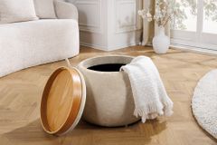 Runder Couchtisch ORBIT 50cm champagner-greige Bouclé Hocker mit Tablett und Stauraum