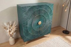 Massives Highboard GOLDEN SUNSET 120cm türkis gold Mangoholz mit 3D Schnitzereien