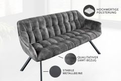 Esszimmer Sitzbank PAPILLON 165cm grau Samt mit Rückenlehne schwarzes Metallgestell