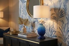Handgefertigte Tischlampe PINEAPPLE 50cm blau weiß Ananas-Design mit Stoffschirm