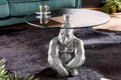 Runder Couchtisch WILDLIFE KONG 60cm silber Metall Glas Affenfigur Gorilla Skulptur handmade