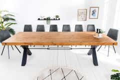 Massivholz Esstisch THOR 300cm vintage braun Pinie recycelt Industrial Design Eisen X-Gestell