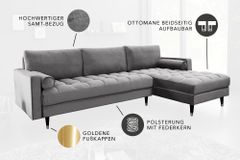 Elegantes Ecksofa COZY VELVET 260cm grau Samt Federkern 3-Sitzer