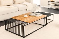 2er Set Couchtische ARCHITECTURE 90cm natur Akazienholz schwarz Steinfurnier Metall
