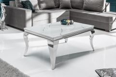 Eleganter Couchtisch MODERN BAROCK 100cm Glasplatte in Marmoroptik Edelstahlbeine