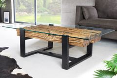 Design Couchtisch BARRACUDA 130cm recyceltes Teakholz Glasplatte schwarz Edelstahl Industrial