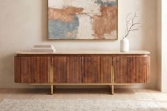 Design TV-Board GATSBY 160cm braun gold Mangoholz mit Travertin Metallgestell