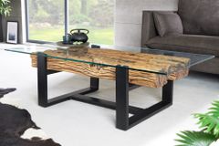 Design Couchtisch BARRACUDA 130cm recyceltes Teakholz Glasplatte schwarz Edelstahl Industrial
