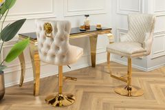 Höhenverstellbarer Barhocker CASTLE DELUXE beige Samt gold Edelstahl mit Löwenkopf