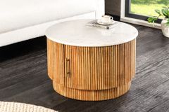 Runder Couchtisch TRES CHIC 60cm weiß Marmor natur Mangoholz mit Stauraum