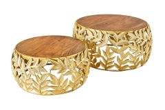 Rundes 2er Set Couchtische ABSTRACT LEAF 70cm natur gold Massivholz Akazie Metall Blatt-Design